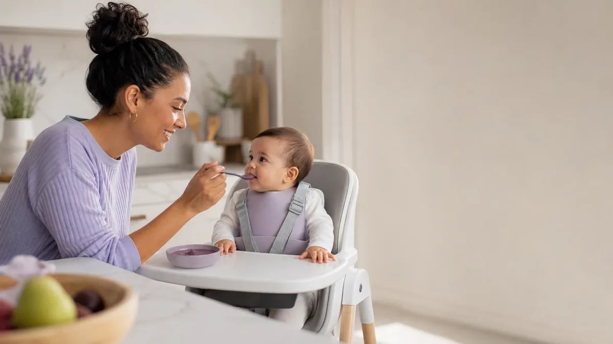 Un parent propose une petite cuillère de diversification à un bébé assis bien droit dans sa chaise haute