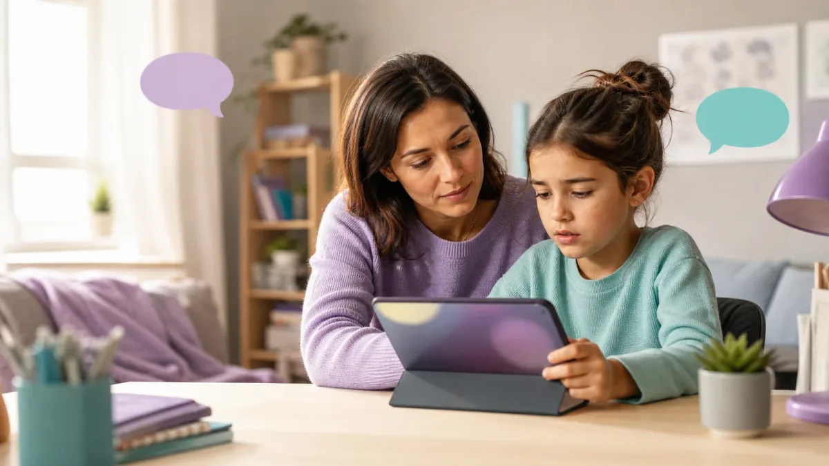 Bir ebeveyn 6-9 yaşındaki çocuğunu tablet başında sakin biçimde dinliyor