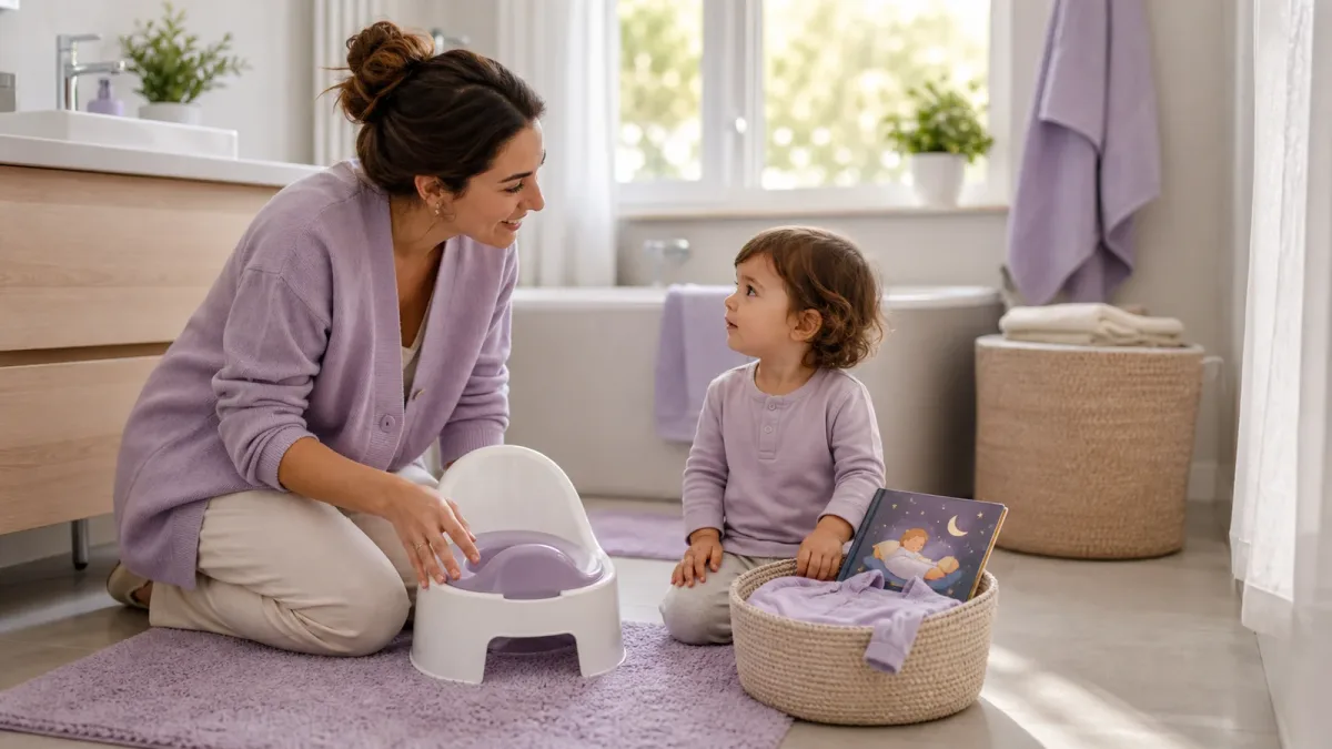 Bir ebeveyn küçük çocuğuna banyodaki lazımlığın yanında sakin biçimde eşlik ediyor