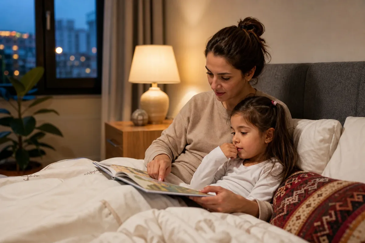 Akşam saatinde bir ebeveynin çocuğuyla yatakta resimli kitap okuyarak sakin bir uyku rutini kurması