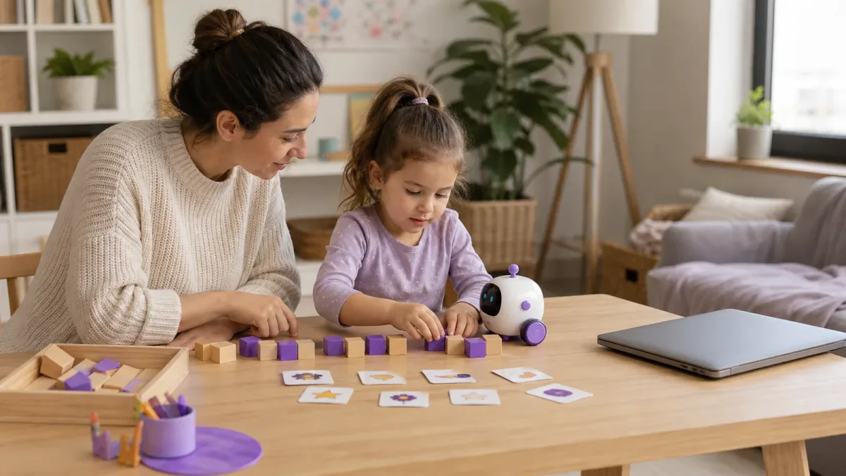 Bir ebeveyn ve okul öncesi çocuğu oyuncak robotla örüntü oyunu oynuyor